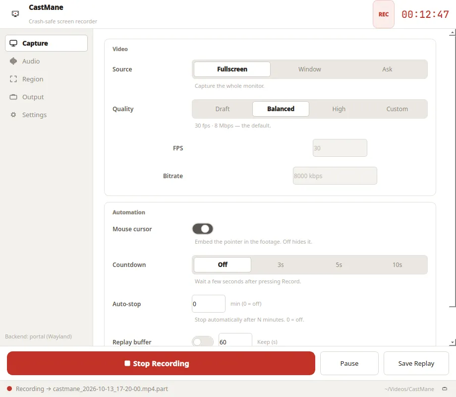 CastMane while recording — timer and red Stop button