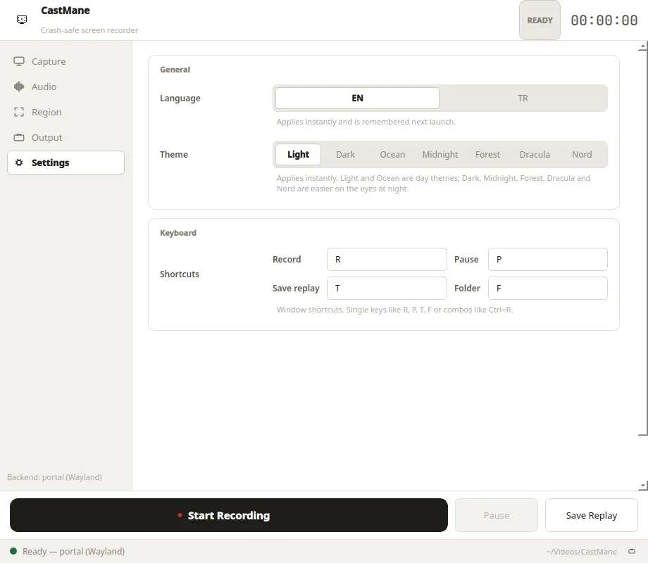 CastMane settings — language and theme